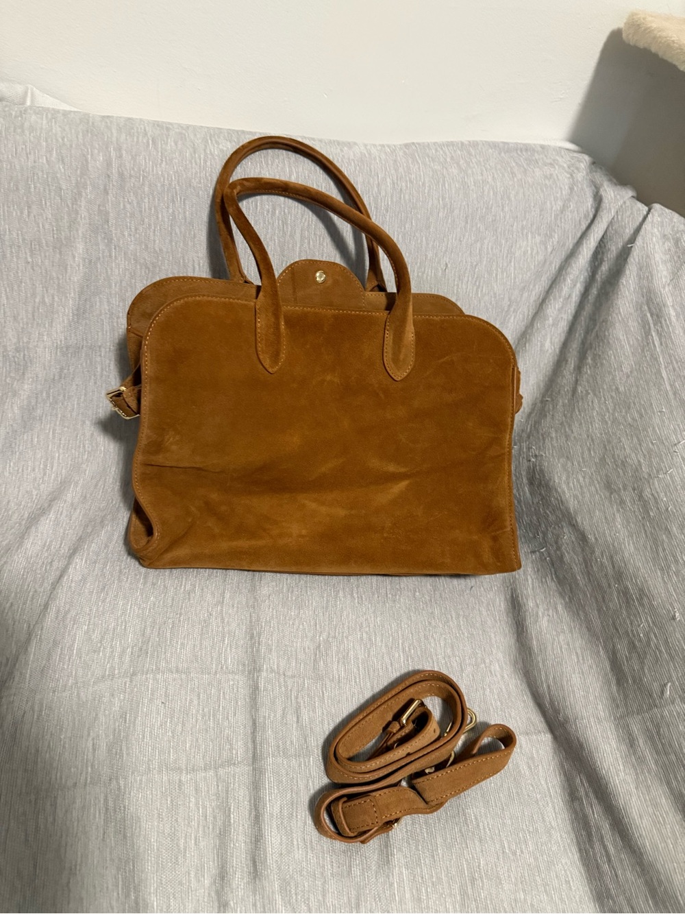 Suede Top-Handle Satchel in Cognac